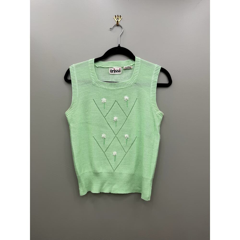 Vintage Trissi Sweater Vest Mint Green Floral Grandpa Chic Knit Tank Top